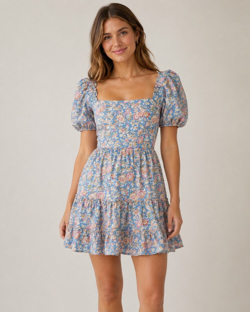 1.STATE Floral Puff Sleeve Square Neck Tiered Mini Dress Blue Boho Size S